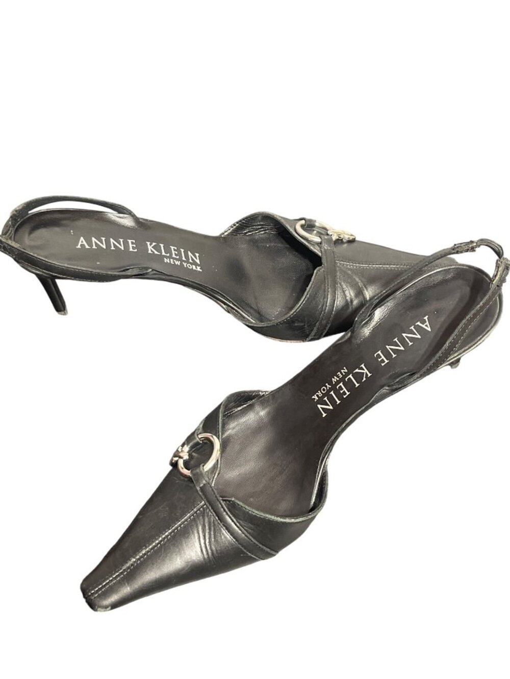 Anne Klein Black Leather Slingback Heels Silver Tone Ring Italy 3" Heel Sz 7.5"